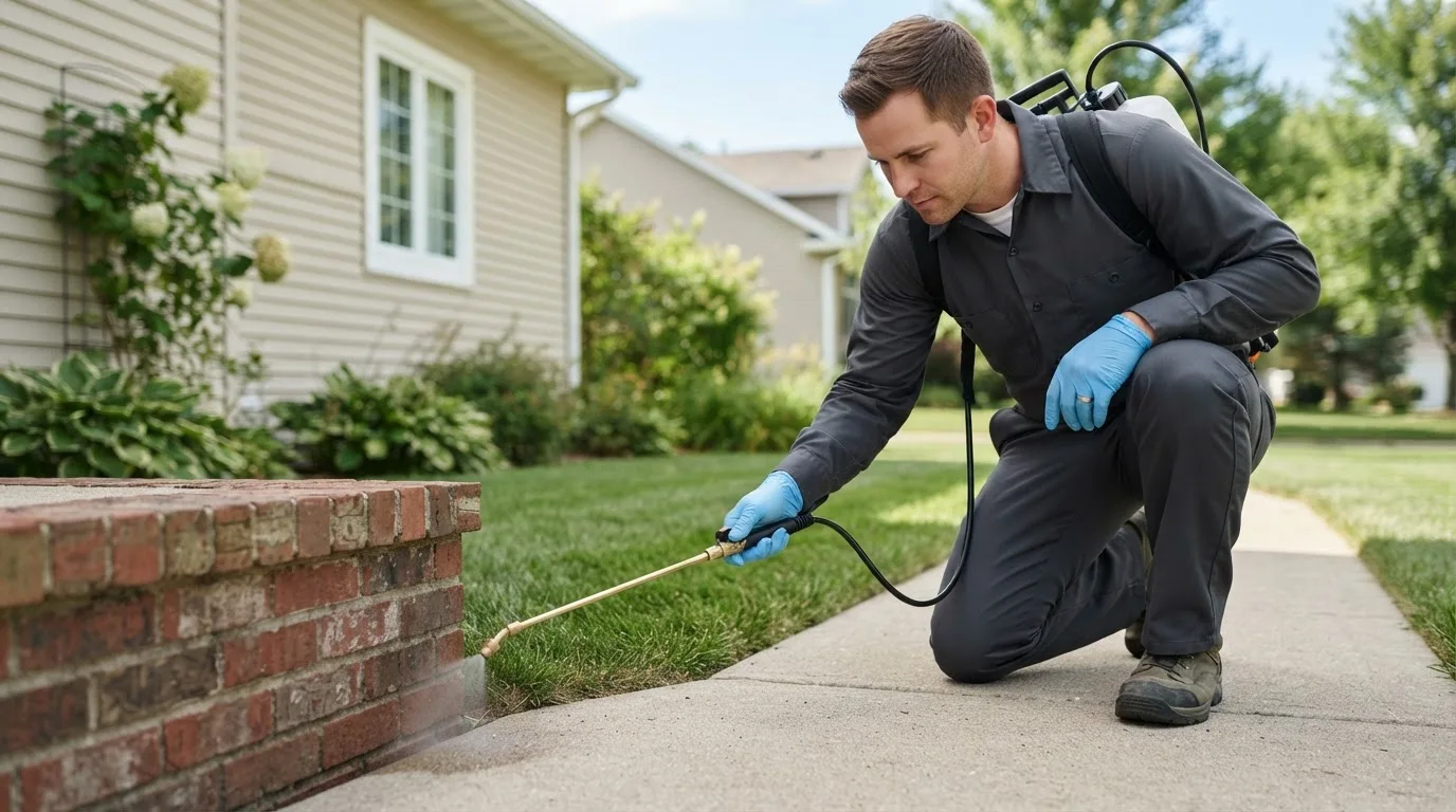 Pest control technician treating a home near La Grange, AR